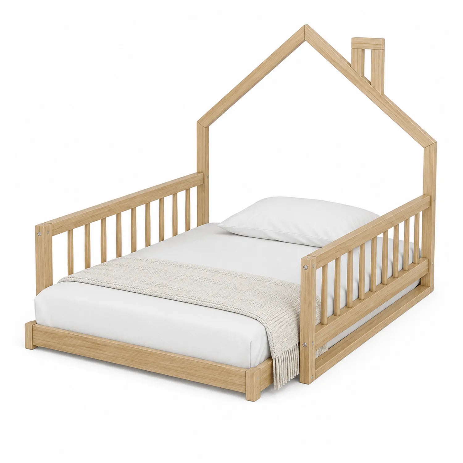 Kinderbett aus Holz Hausform mit Rausfallschutz
