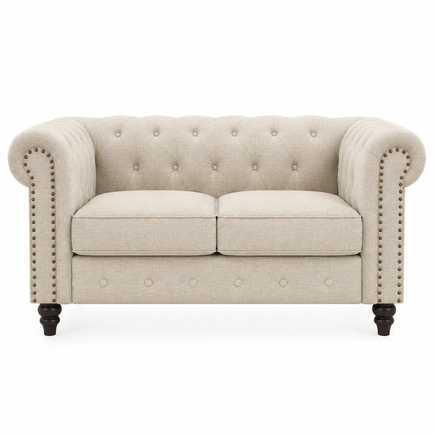 2-Sitzer Sofa Stoff Beige mit Nieten und Holzbeinen