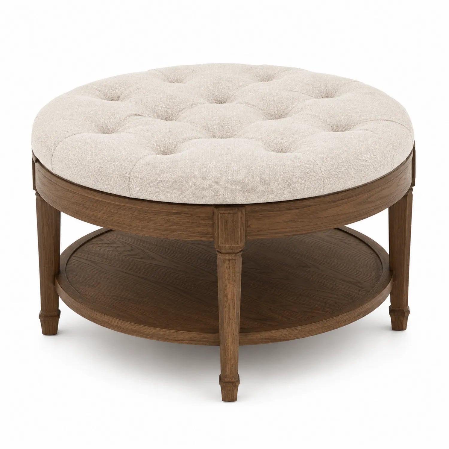Runder Eichenholz-Fu?hocker mit Leinenbezug Beige ? 80 cm