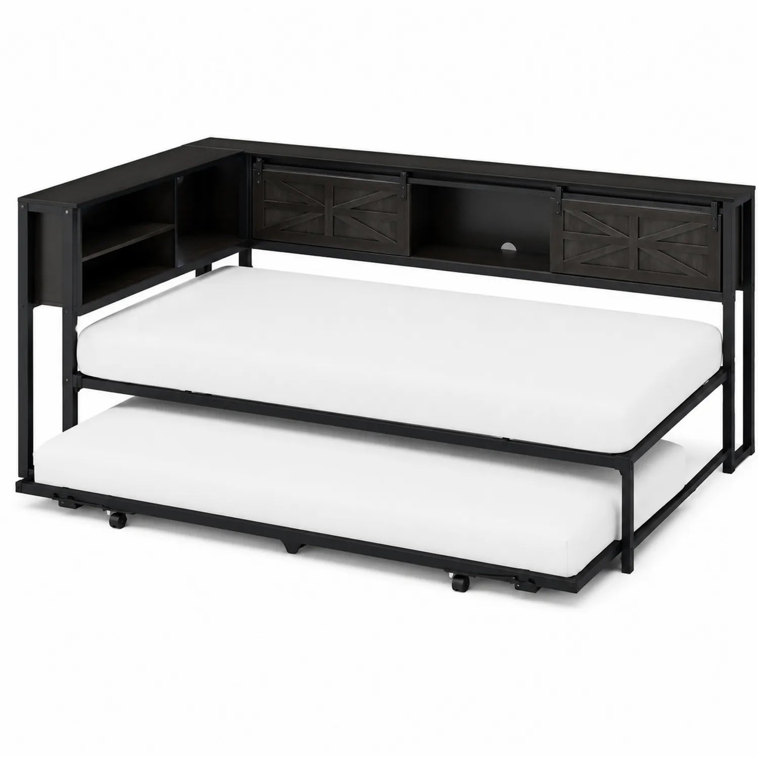 Metall-Tagesbett mit ausziehbarem Unterbett Schwarz 200x90 cm