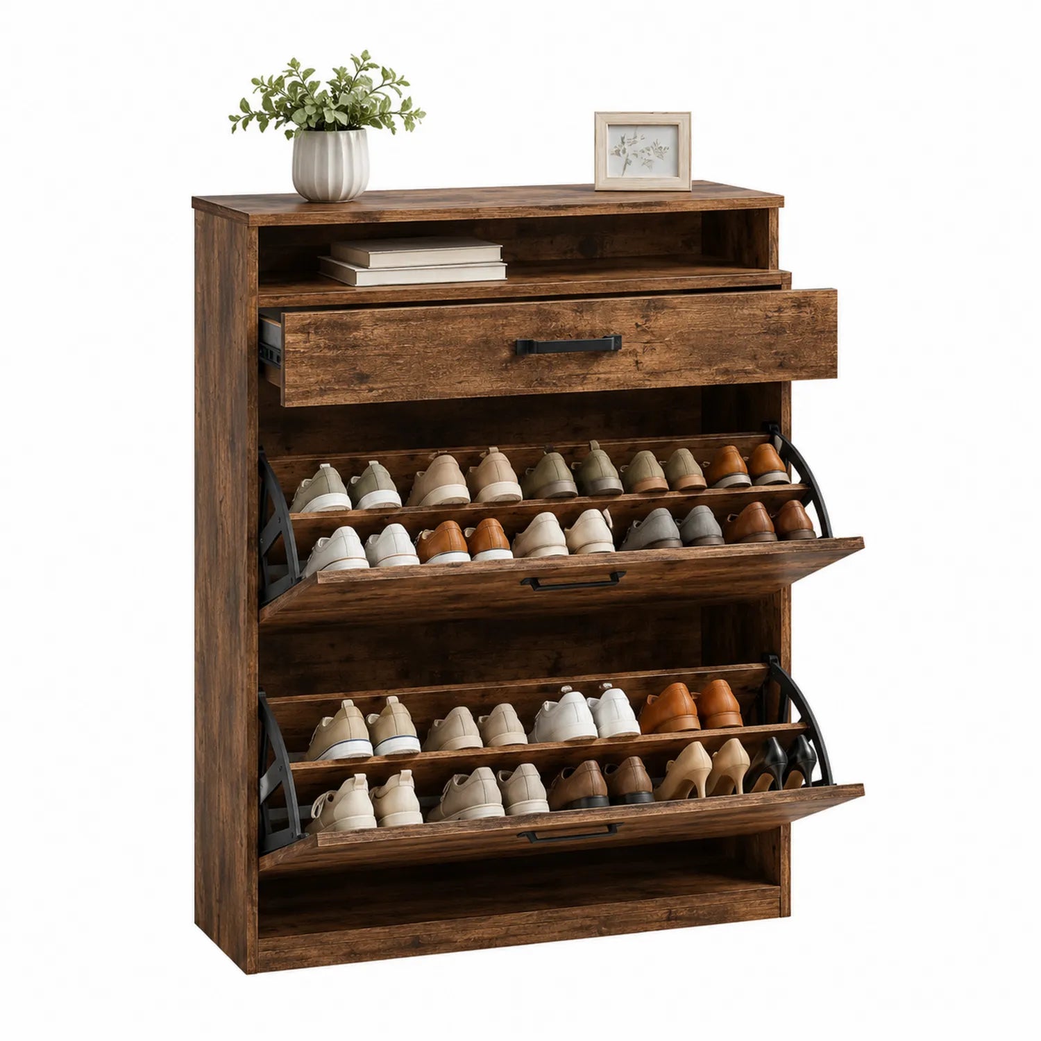 Schuhregal aus MDF mit Klappt¨¹ren und Metallrahmen