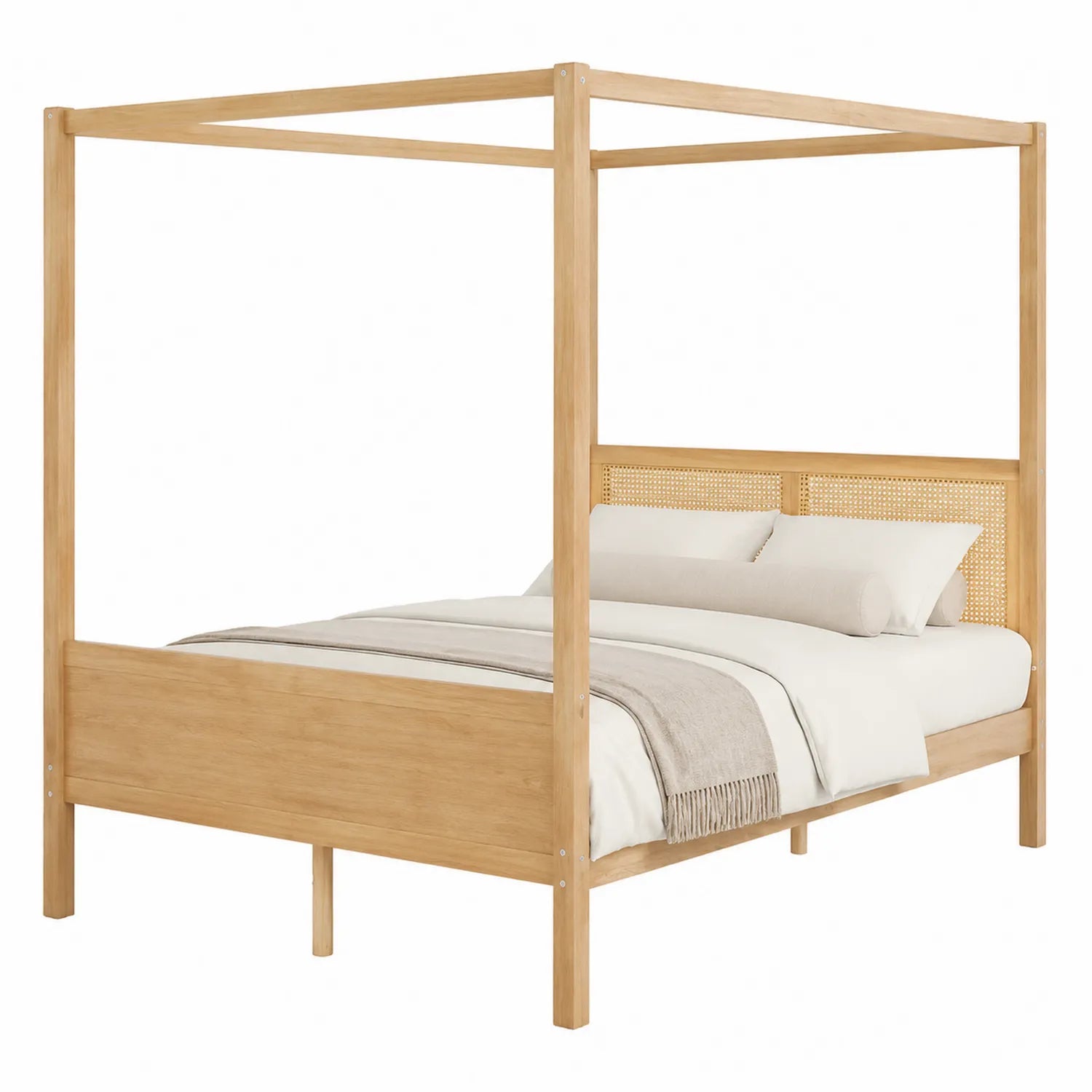 Holz Himmelbett mit Rattan Kopfteil 160x200 cm