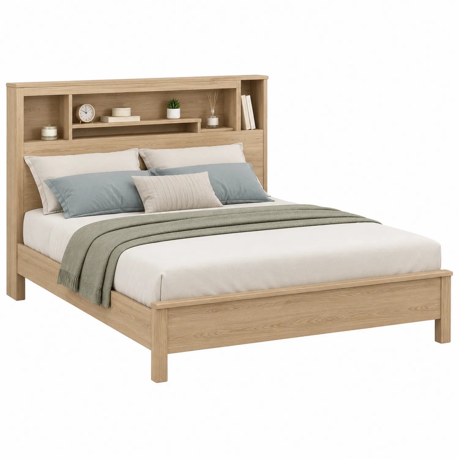 Bett 160x200cm aus Eichenholz mit Kopfteilregal