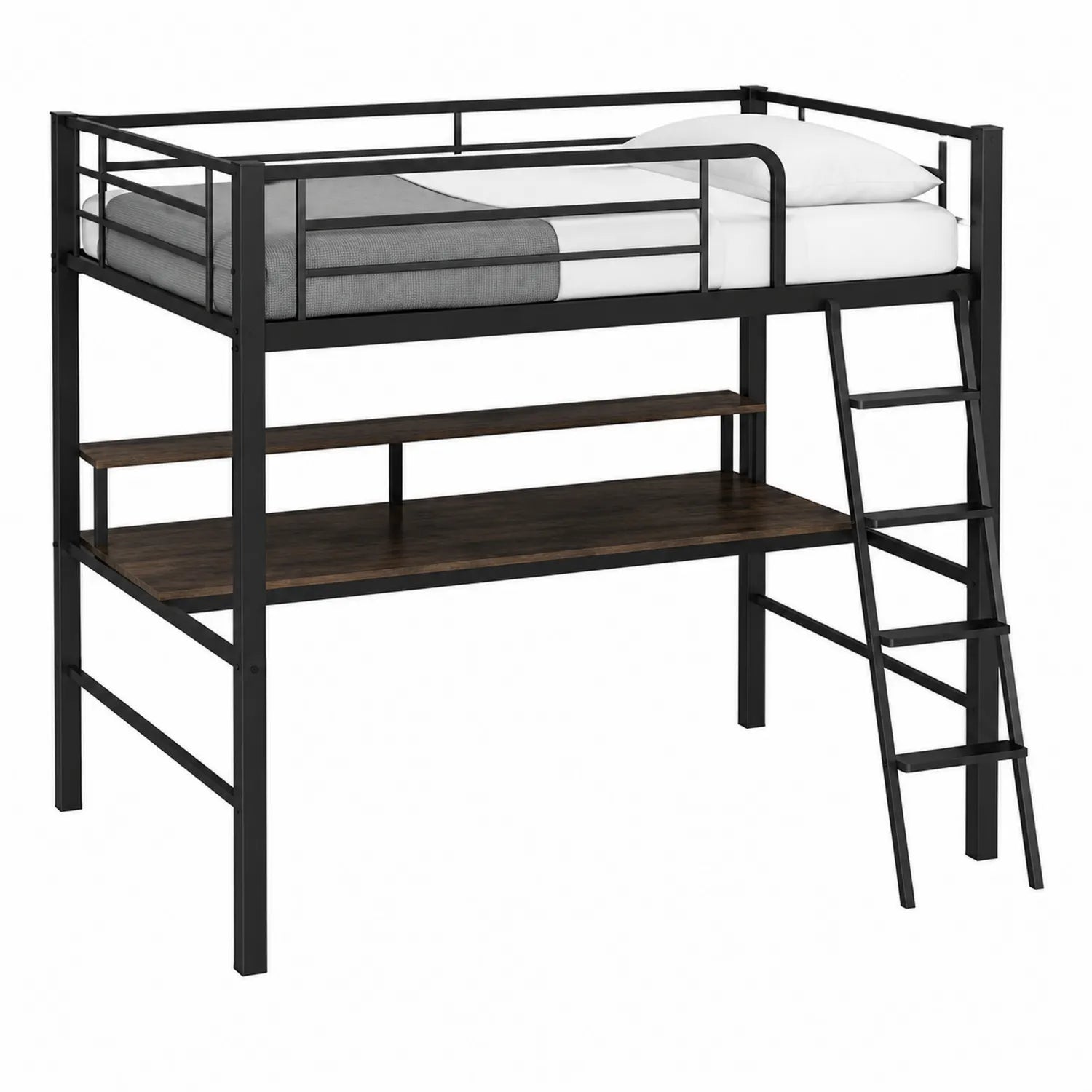 Metallhochbett mit Schreibtisch Schwarz/Braun 200x100x180cm
